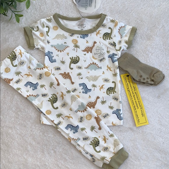 Milkberry Other - NWT Milkberry 12M Dinosaur Print 3pc. Pajama Set Green/Brown Bamboo PJs